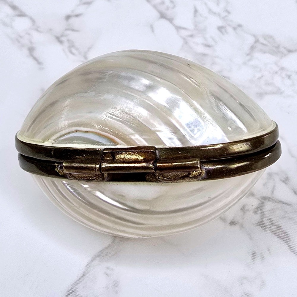 Vintage Mother of Pearl Seashell Trinket Box Brass Clasp Iridescent Pill Case - Picture 4 of 11